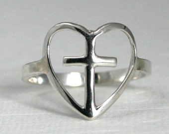 sterling silver heart and cross ring, silver heart and cross ring, sterling silver cross ring, silver cross ring, silver heart ring