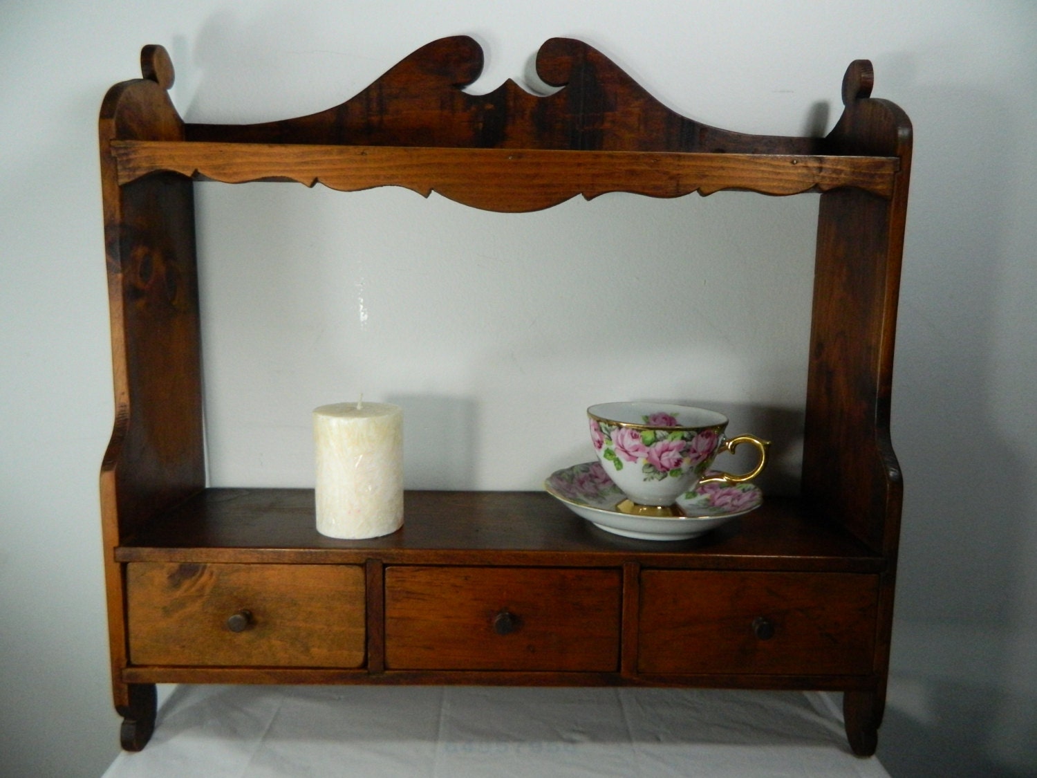 Vintage Wood Wall Shelf with Drawers 2 Shelf 3 Drawer Wooden