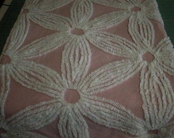 Rare Hofmann PINK with Large WHITE Daisies Vintage Chenille Bedspread Fabric - 23" X 24"