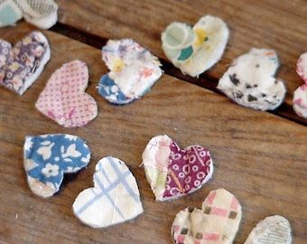 Valentine Heart Appliques, Vintage Primitive Shabby Cotton Scrap Cutter Quilt Tiny Old Patchwork Embellishments, Craft Supply itsyourcountry