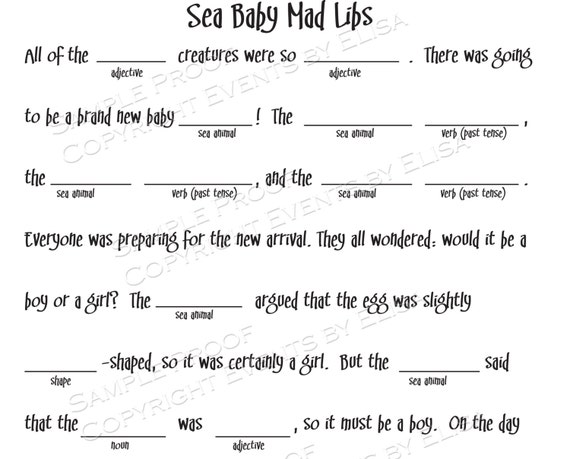 Items similar to Sea Baby Mad Libs Sheet (for Under the Sea Shower) on Etsy