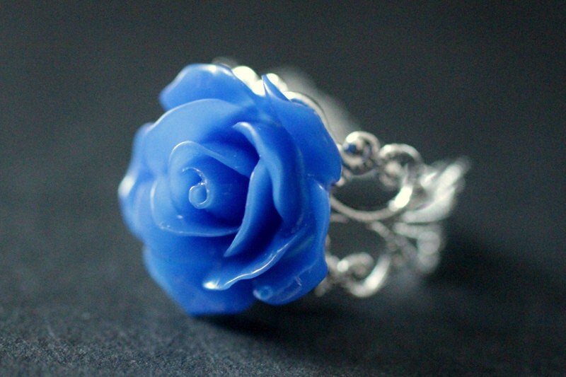 Cobalt Blue Rose Ring. Blue Flower Ring. by StumblingOnSainthood