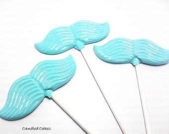 10 - LIGHT BLUE MUSTACHE Lollipops (Opaque Turquoise)- Hard Candy Lollipops