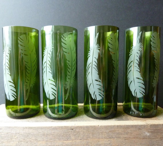 Recycled Bottle Drinking Glasses Feather By Glasswareschicago 