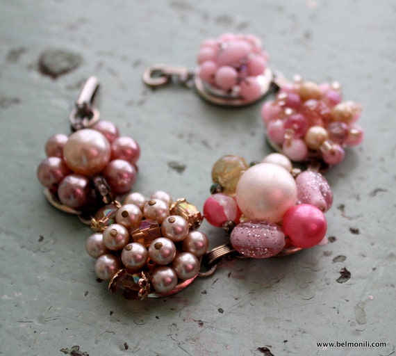 Bracelet Pink Vintage Cluster BEST GIFT Wedding, Bridesmaid, Mother's Day