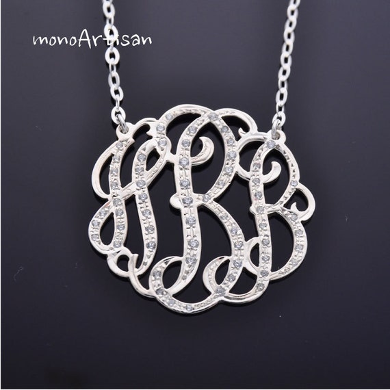 Items similar to Diamond Monogram necklace - Diamond initial necklace 1&quot; Silver necklace on Etsy