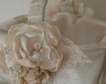 Flower Girl's Basket - Cream and Antique Creams, Champagne, Handmade Flowers, Wedding Party Accessories, Vintage Style, Vintage Glam