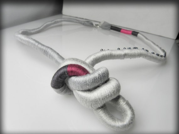 OOAK fiber rope necklace gray magenta statement unique organic textile art gift for her