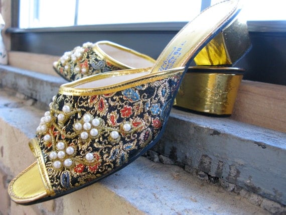 Vintage circa 1960's Deadstock Adorned Brocade Gold and Black Sandals Slippers Shoes