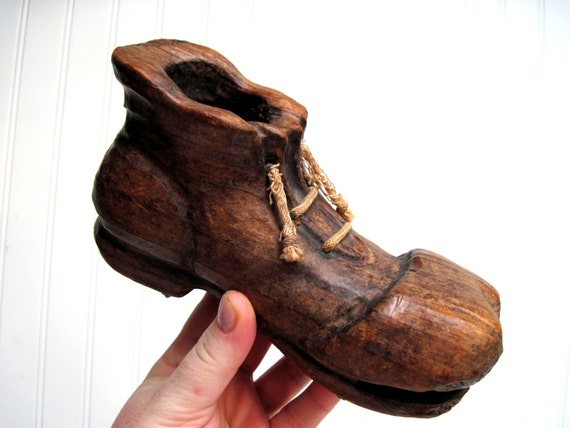 Vintage hobnail boot carved wood primitive shoe folk art