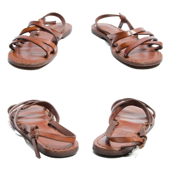Women S Brown Leather Sandals Strappy Slingback Flats By