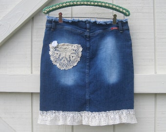 Denim mini skirt, denim and doilie skirt XS, Boho denim skirt, gypsy cowgirl skirt, boho skirt,