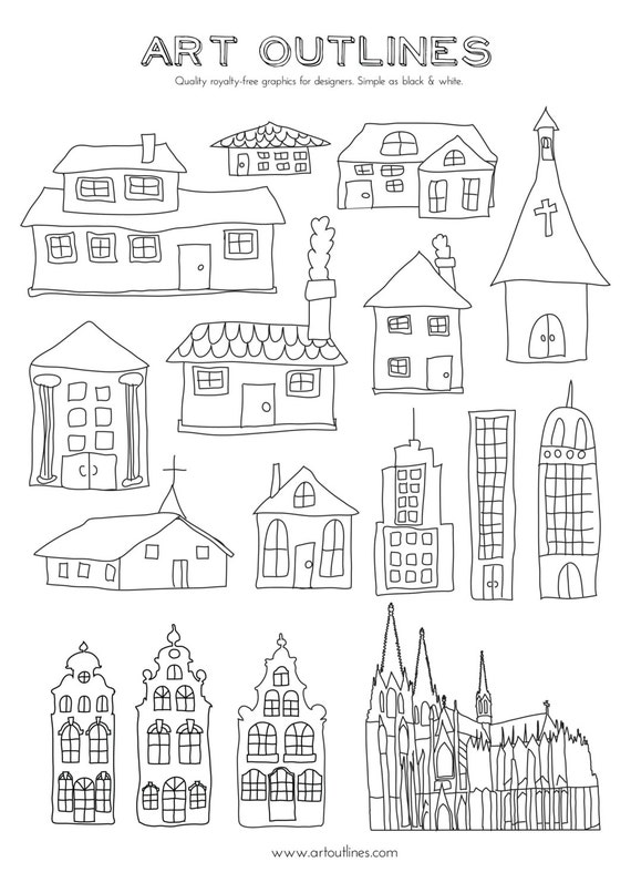 Download Items similar to Set of Buildings - Art Outlines Full Page 16 Original Hand Drawn Outline ...