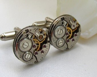 Steampunk Cufflinks with vintage watch movements Mens gears Birthday gift ideas Boyfriend gift Anniversary gift for Him industrial cufflinks