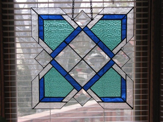 Green and Blue stained glass window panel