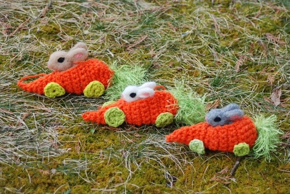 Needle Felted Easter Bunny In Crocheted Carrot Race Car Handmade