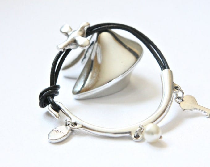 Metal Leather Bracelet - Charm Bracelet - Half Metal Bracelet