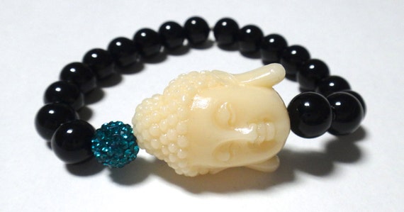 Black Beaded Bracelet with White Buddha and by SammyGorin on Etsy