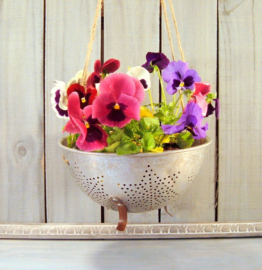 Repurposed Colander Flower Pot Rustic Hanging Flower Pot