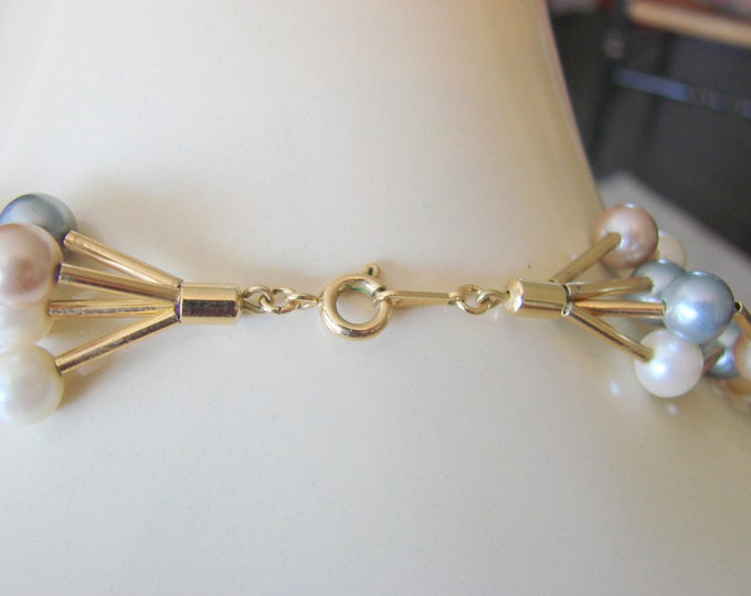 80s Avon Bib Pearl Necklace / Designer Signed / 3-Strand / Simulated Pearls / Wedding Bridal / Grey / Mauve / Natural / Jewelry / Jewellery