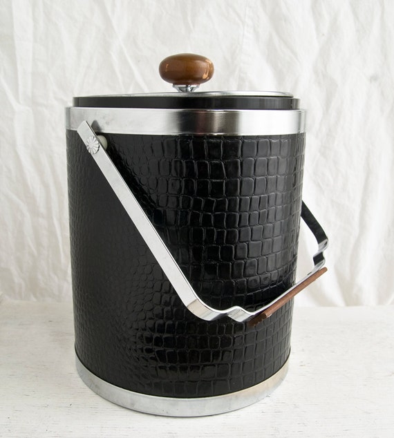 Vintage Kromex Ice Bucket Faux Alligator Black and Chrome