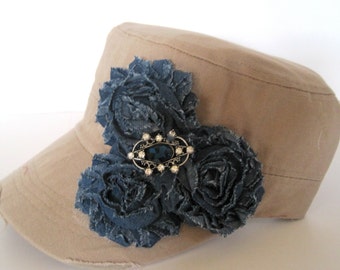 Cadet Military Distressed Khaki Army Hat with Blue Denim Shabby Flowers and a Matching Blue Rhinestone Accent
