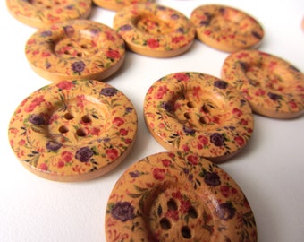 Wooden button romantic flowers 4 holes 25 mm 10 pieces button nr 14