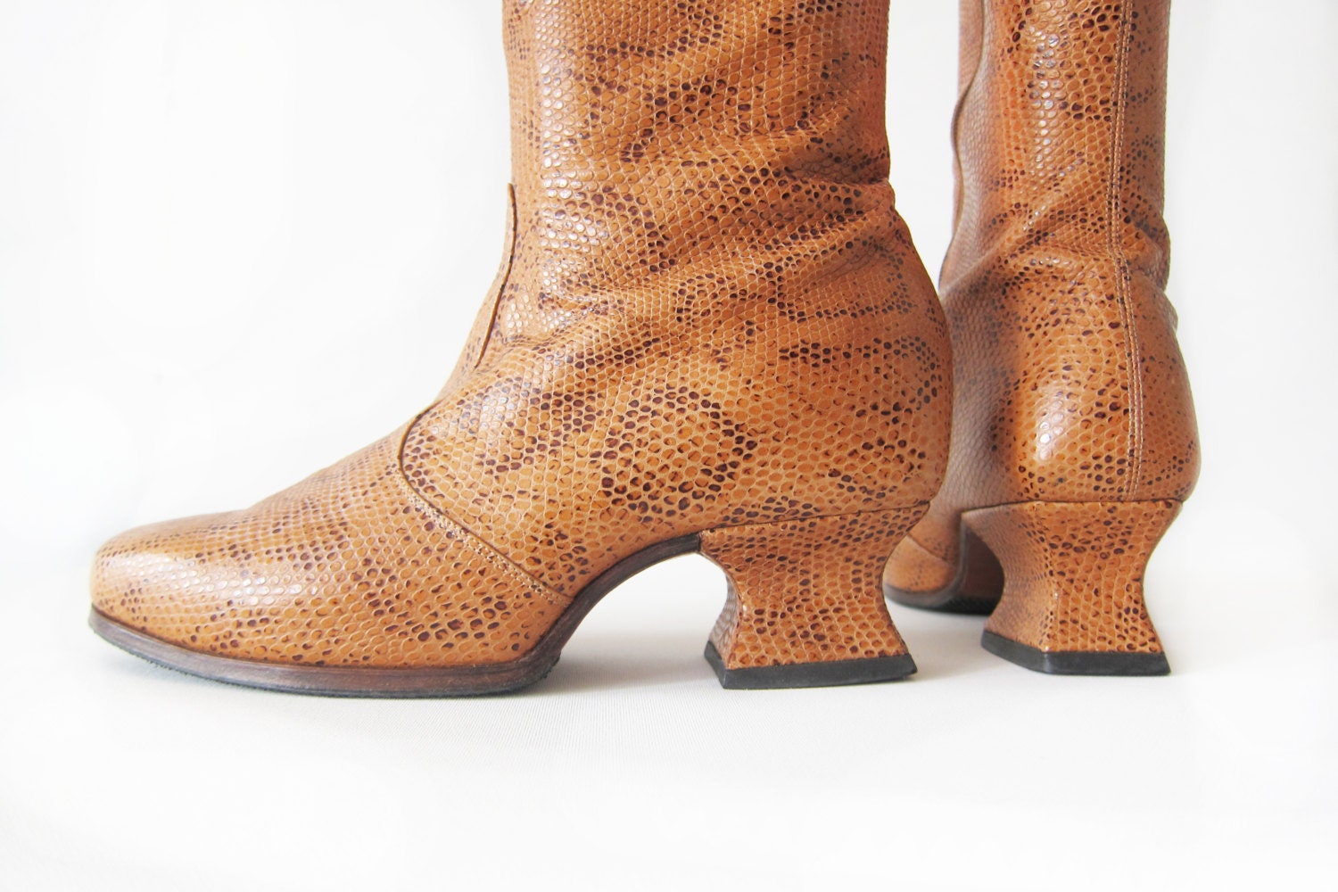 colorful snakeskin chunky heeled boots