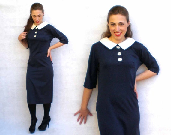 Vintage 60s Cocktail Dress - Marcy Allen Navy Blue & White Drop-Waist Mad Men Shift S/M