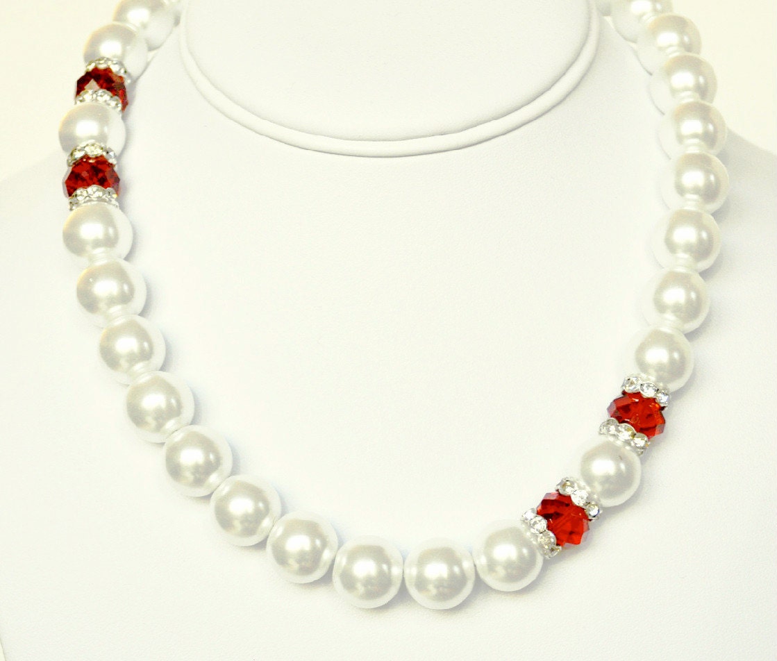 White Pearl Necklace and Red Handmade Beaded Jewelry with