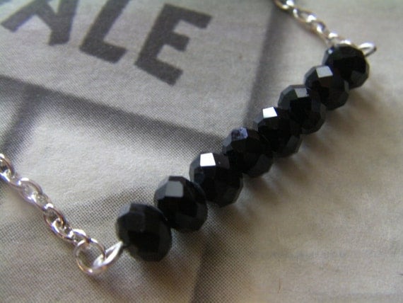 Black Beaded Bar Necklace, Sparkly Faceted Glass Beads, Silver Chain, Toggle Clasp, Handcrafted Jewelry, Gift, Girl, Woman, lacwe