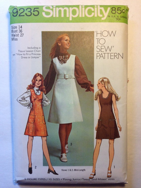 Simplicity 70s Sewing Pattern 9235 Young Juniors and Misses Jumper or Dress in Two Lengths and Blouse Size 14 Sale