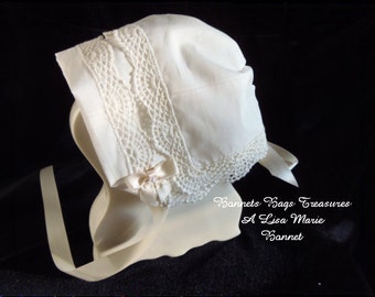 Heirloom Baby Bonnet IVORY with SHELL LACE great gift for baby showers Christening and Dedications or just to wear - Magic hanky bonnet