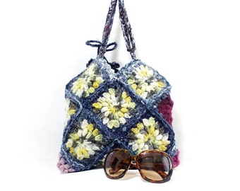 Crochet handbag, Squared, Multicolor bag, Crochet granny square bag, Gipsy, Crochet burgundy tote bag,