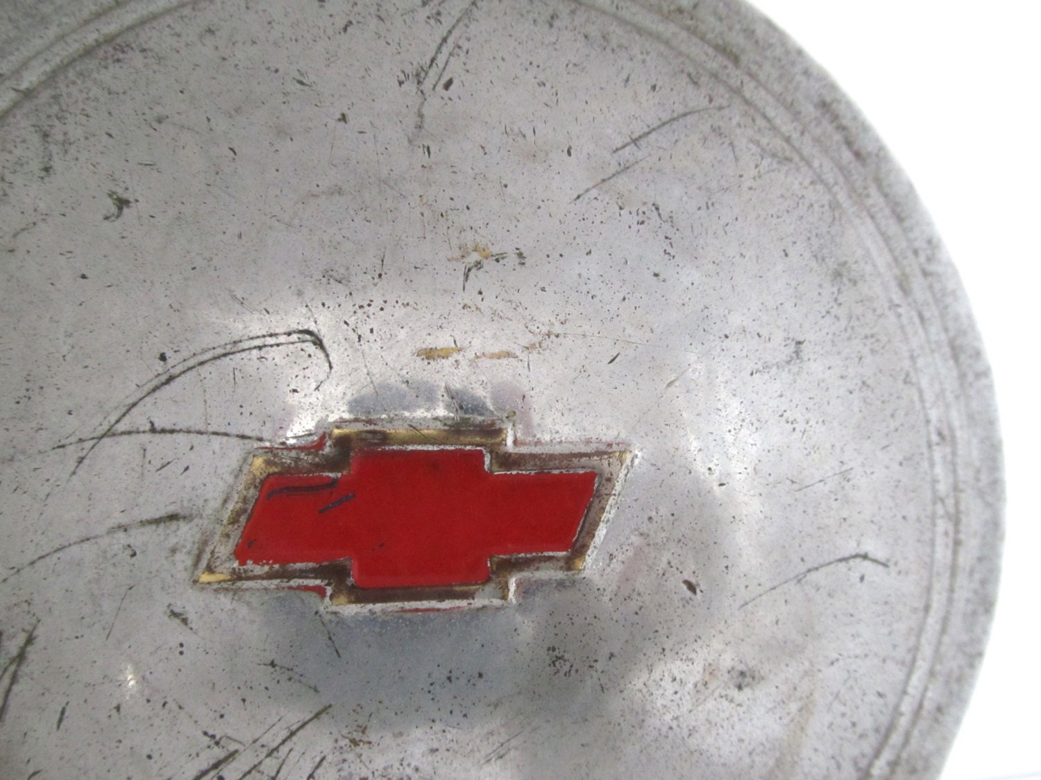 Antique Chevy Hubcap Red Bowtie Emblem Vintage Chevrolet Domed