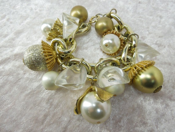 Vintage Chunky Charm Bracelet with Gold White Clear Lucite Beads