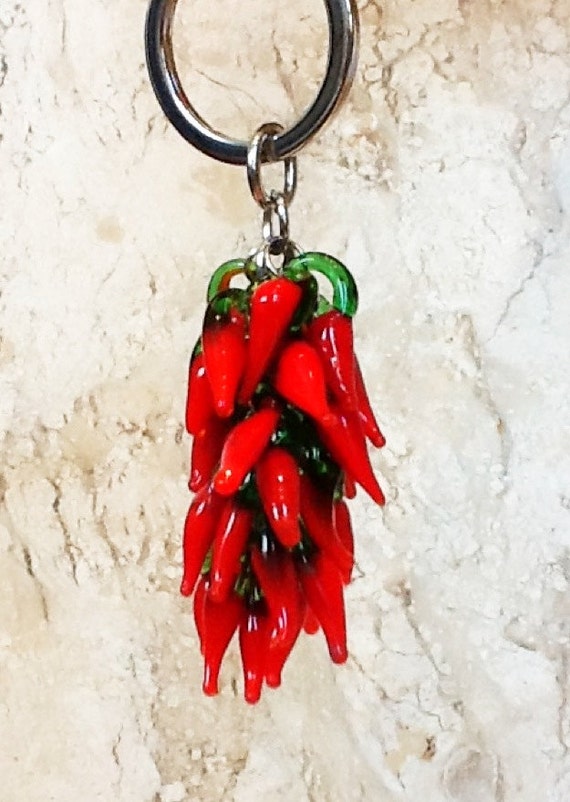Lucky Lampwork Glass Chili Peppers Keychain by millecose on Etsy
