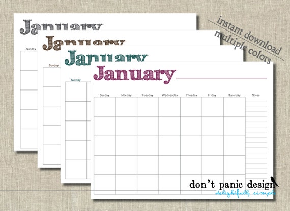 Printable Monthly Planner Calendar, Rustic Font 12 Month Wall Calendar ...