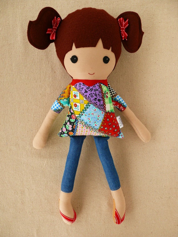 Fabric Doll Rag Doll Girl in Patchwork Dress and Ponytails