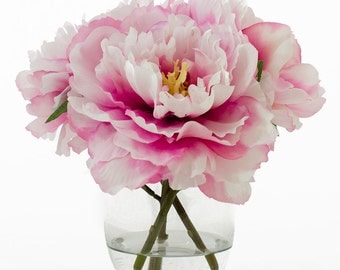 FLASH SALE (47USD now 37USD Silk Peonies Arrangement with Fuchsia Silk Flowers Artificial Faux Florals in round glass vase for Home Decor