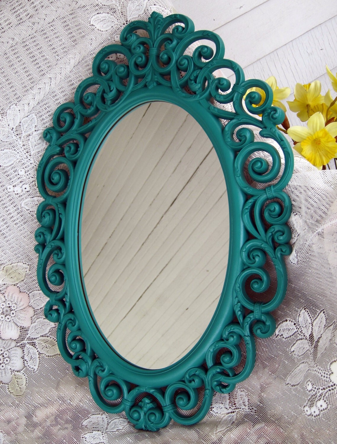 Vintage Teal Wall Mirror Ornate Oval Upcycled Cottage French