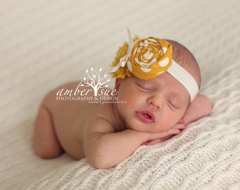 Mustard and Ivory Baby Flower Headband, Newborn Headband, Baby Girl Flower Headband, Photography Prop