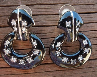 Vintage Rhinestone Earrings, With Black Enamel on Silver Tone Base, Post Style.