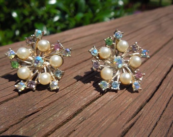 Vintage Screw Back Earrings. Rhinestones including aurora boraealis, faux pearls, spectacular