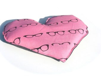 Flax Heating Pad, Pink Geeky Retro 60s Glasses, Gray Flannel, Heart Neck and Sinus Heat Pack.