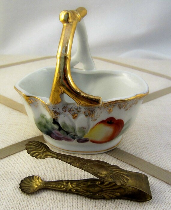 Antique Tongs and Porcelain Sugar Bowl Sugar Cube Tea by DsTrove