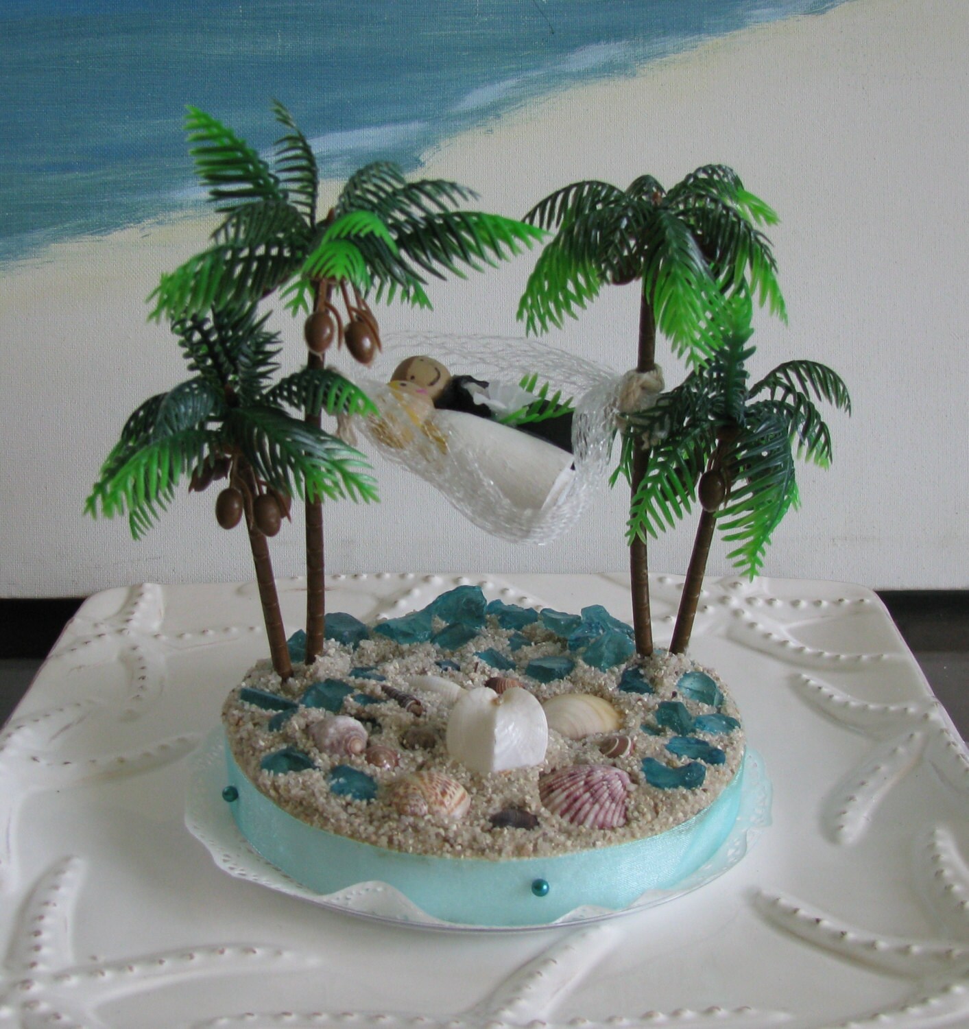 Hammock Palm Trees Beach Wedding Cake Topper Seashell Beach