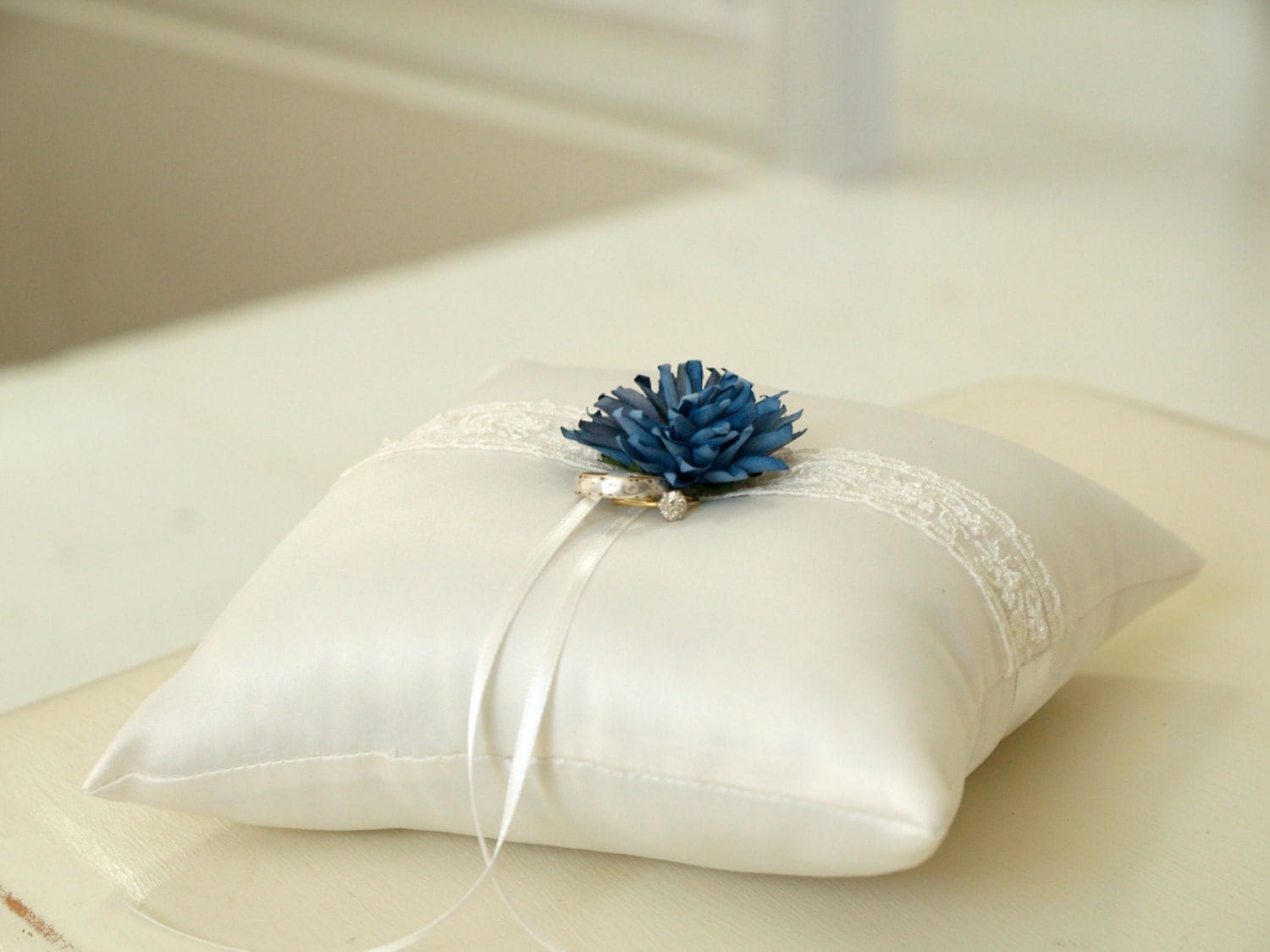Wedding Ring Pillow White Lace and Satin with a Vintage Paper