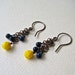yellow and navy blue. beaded earrings. rustic copper. beaded cluster earrings. czech glass beads.