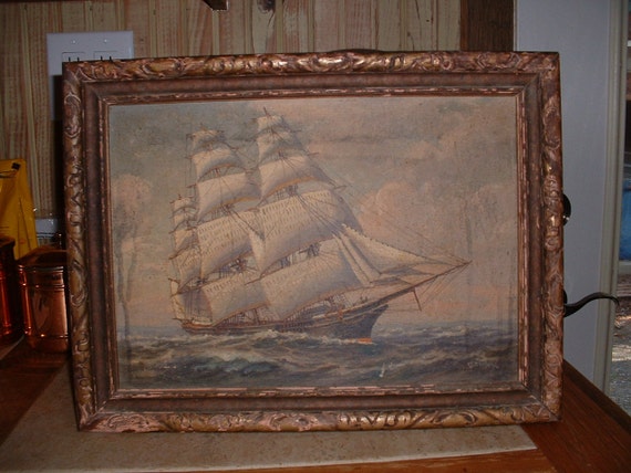 Antique Oil Painting T BAILEY Ship on the by WolfhollowTreasures